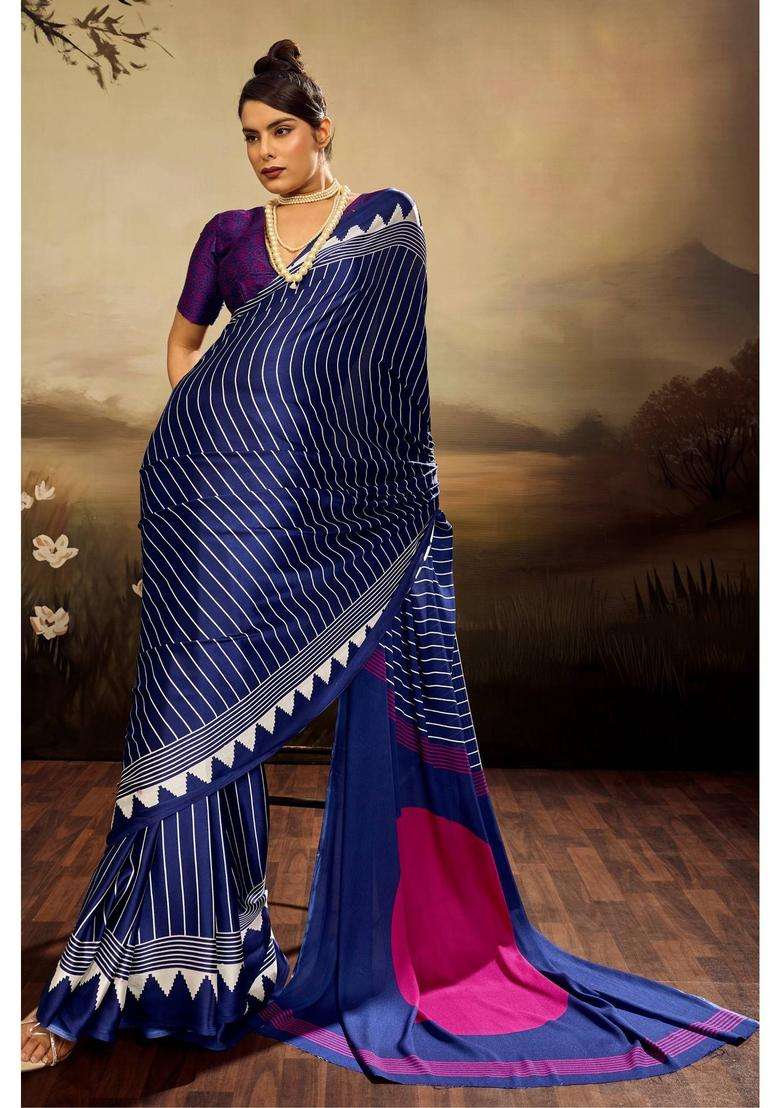 Blue Satin Stripes Saree with Unstitched Blouse for Women Casual Wear - Indya