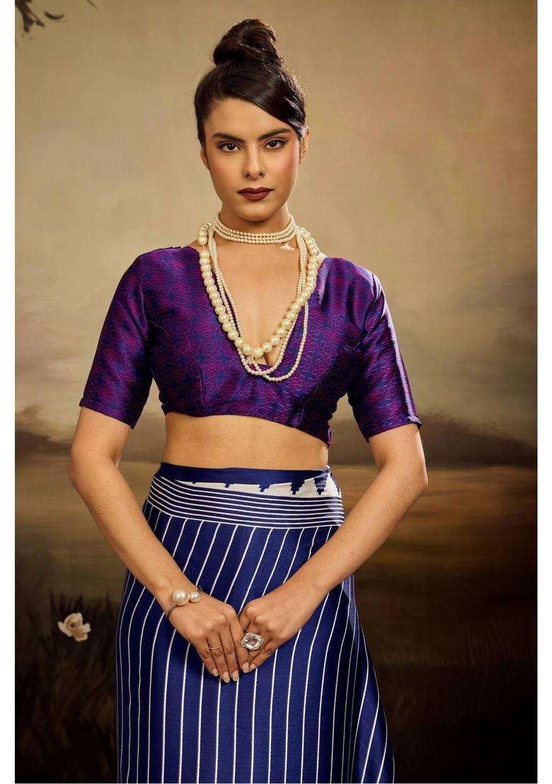 Blue Satin Stripes Saree with Unstitched Blouse for Women Casual Wear - Indya