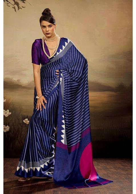 Blue Satin Stripes Saree with Unstitched Blouse for Women Casual Wear