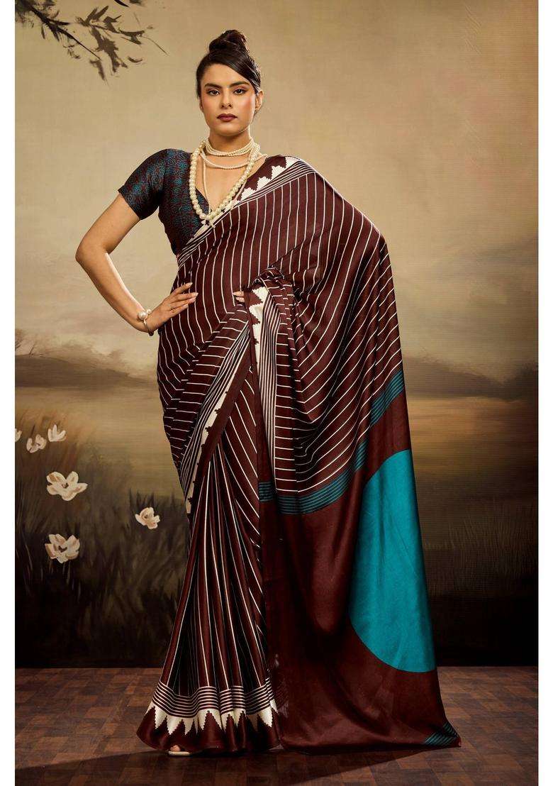 Brown Satin Stripes Saree with Unstitched Blouse for Women Casual Wear - Indya
