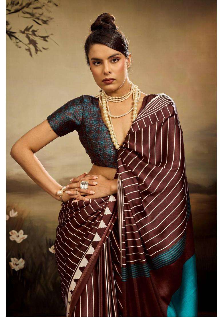 Brown Satin Stripes Saree with Unstitched Blouse for Women Casual Wear - Indya