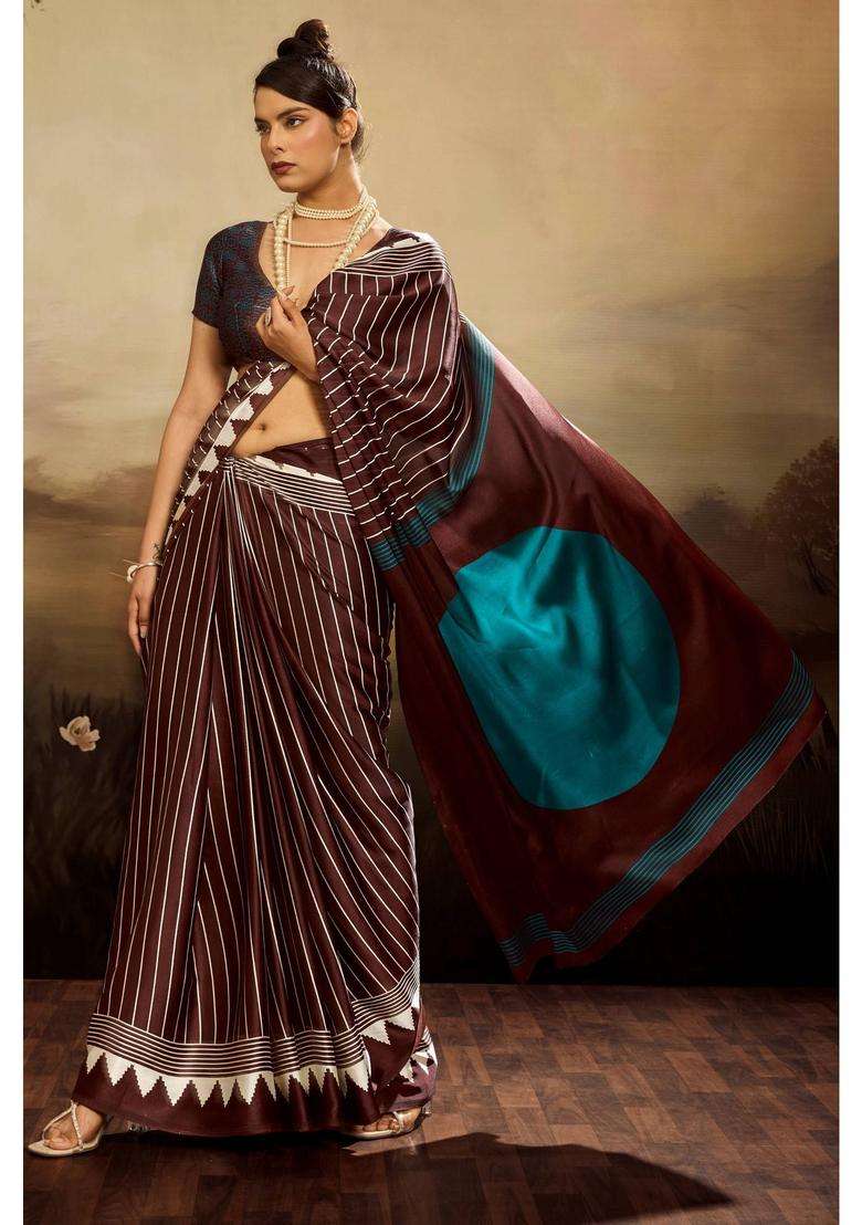Brown Satin Stripes Saree with Unstitched Blouse for Women Casual Wear - Indya