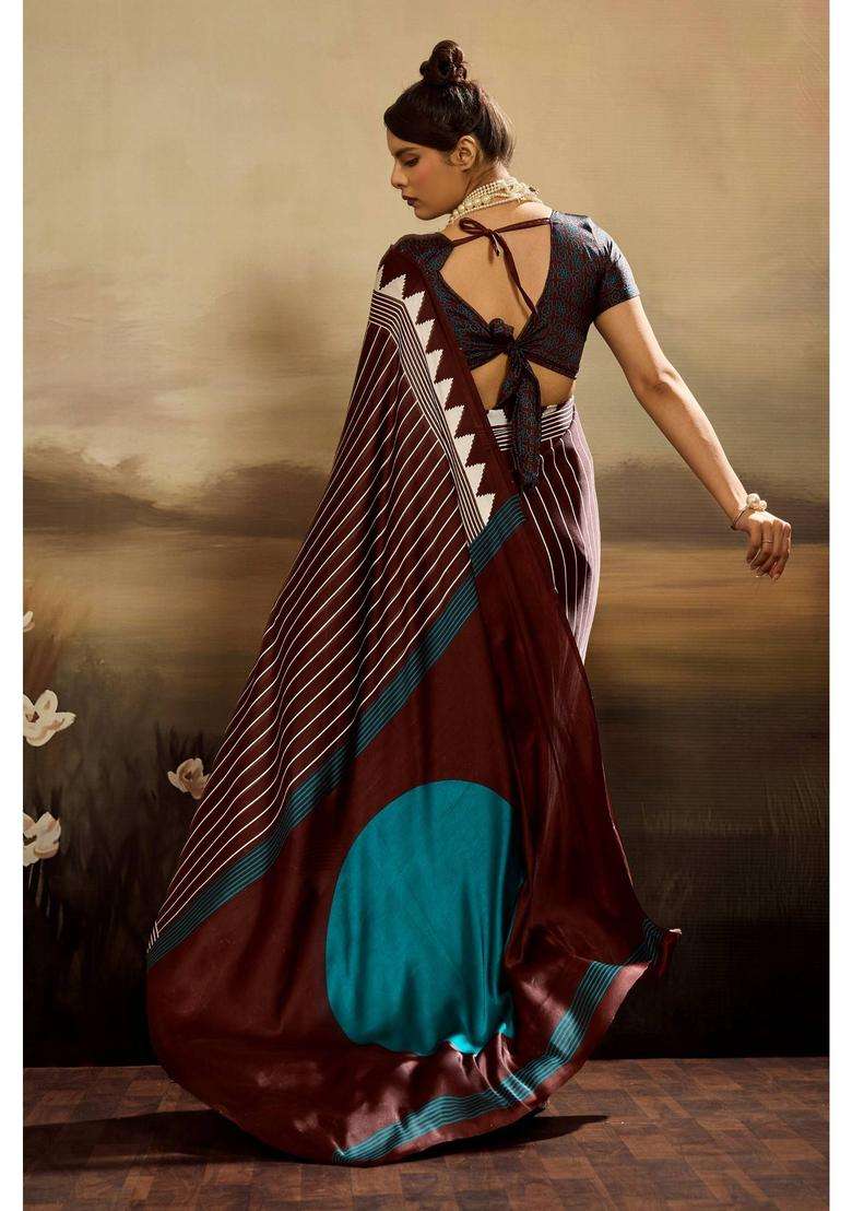 Brown Satin Stripes Saree with Unstitched Blouse for Women Casual Wear - Indya