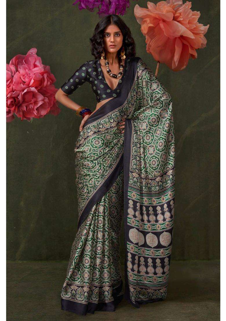 Green Satin Printed Saree with Unstitched Blouse for Women Festive Wear - Indya