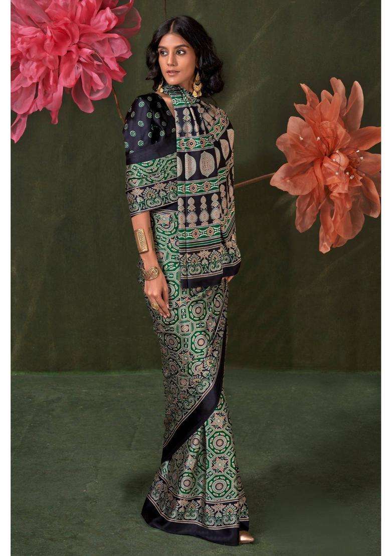 Green Satin Printed Saree with Unstitched Blouse for Women Festive Wear - Indya