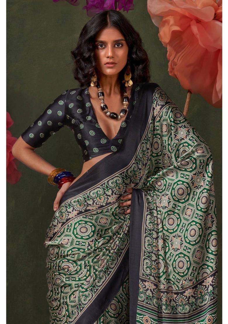 Green Satin Printed Saree with Unstitched Blouse for Women Festive Wear - Indya