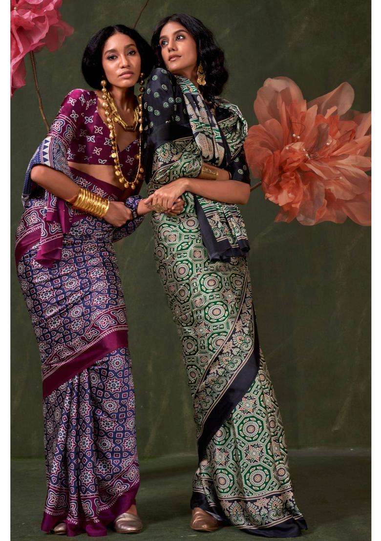 Green Satin Printed Saree with Unstitched Blouse for Women Festive Wear - Indya