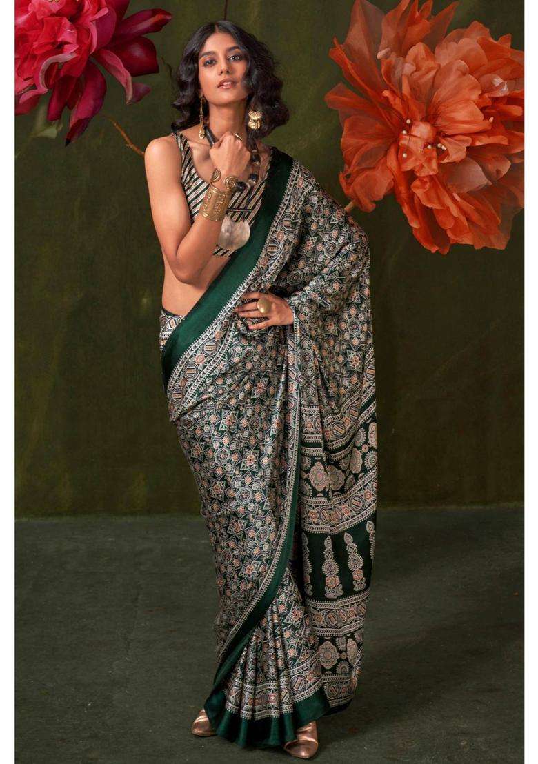Green Satin Printed Saree with Unstitched Blouse for Women Festive Wear - Indya