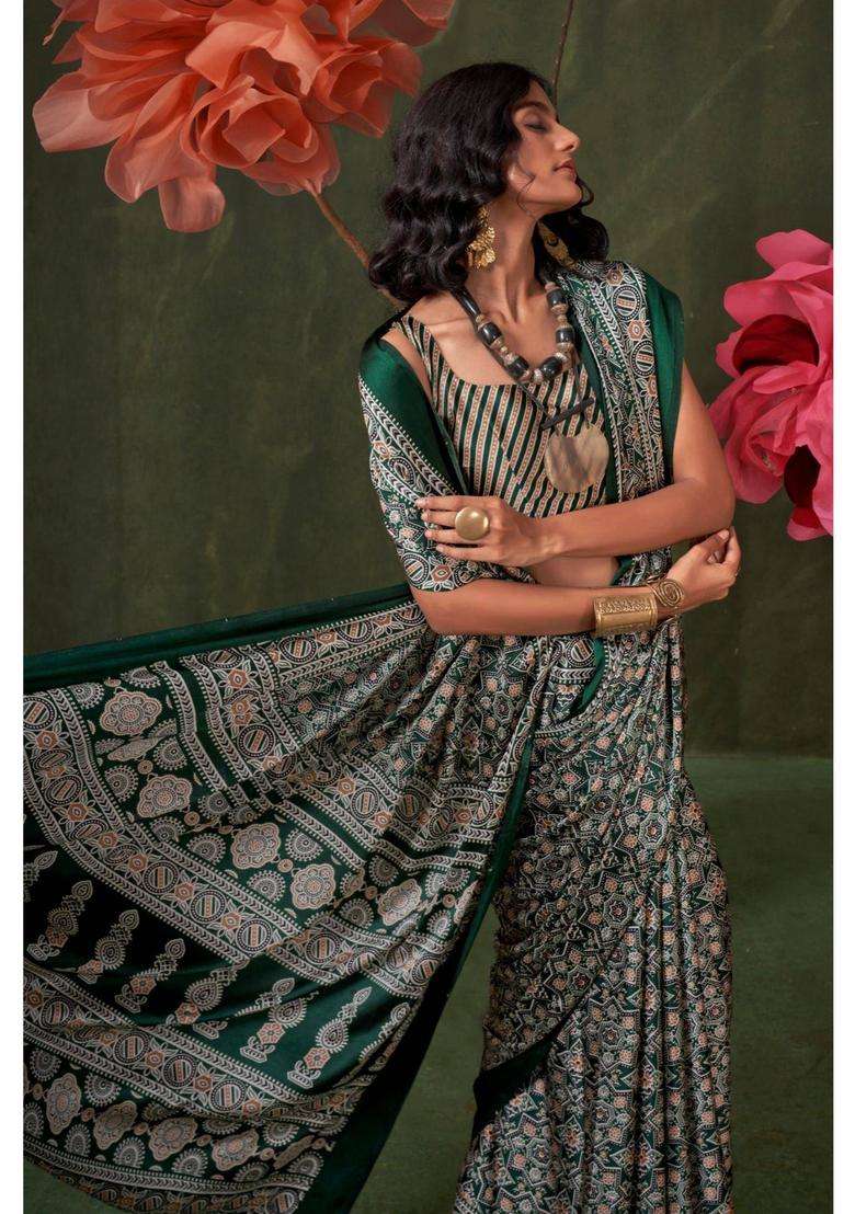 Green Satin Printed Saree with Unstitched Blouse for Women Festive Wear - Indya