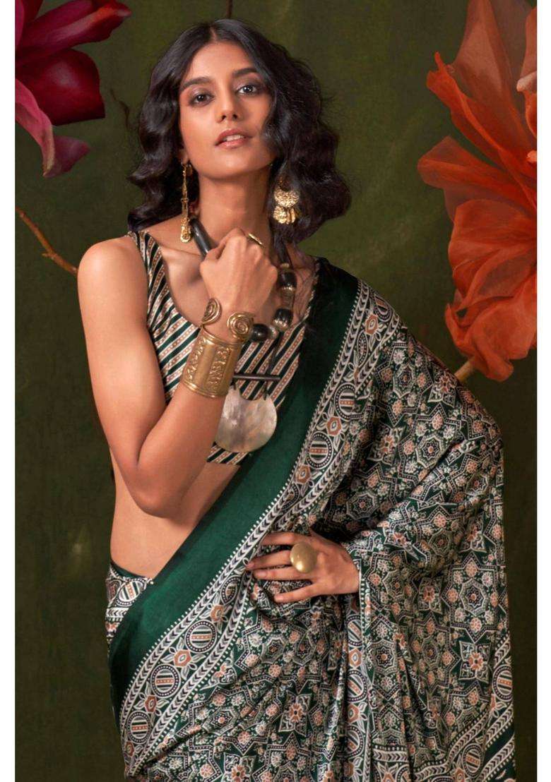 Green Satin Printed Saree with Unstitched Blouse for Women Festive Wear - Indya