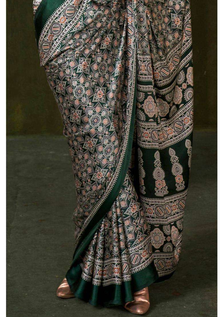 Green Satin Printed Saree with Unstitched Blouse for Women Festive Wear - Indya