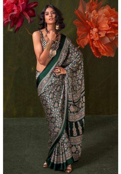 Green Satin Printed Saree with Unstitched Blouse for Women Festive Wear