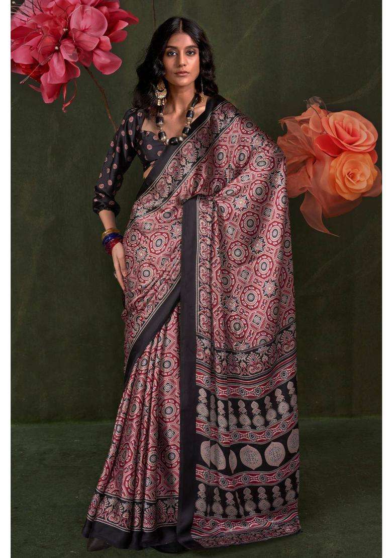 Maroon Satin Printed Saree with Unstitched Blouse for Women Festive Wear - Indya