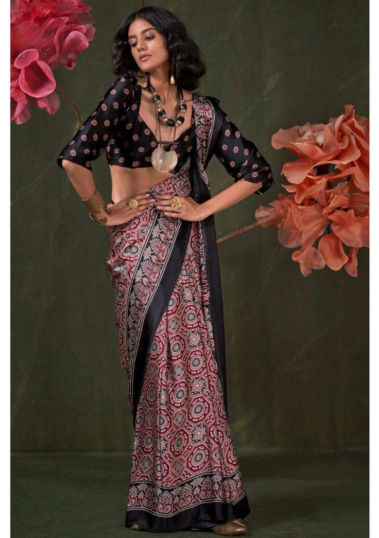 Maroon Satin Printed Saree with Unstitched Blouse for Women Festive Wear - Indya