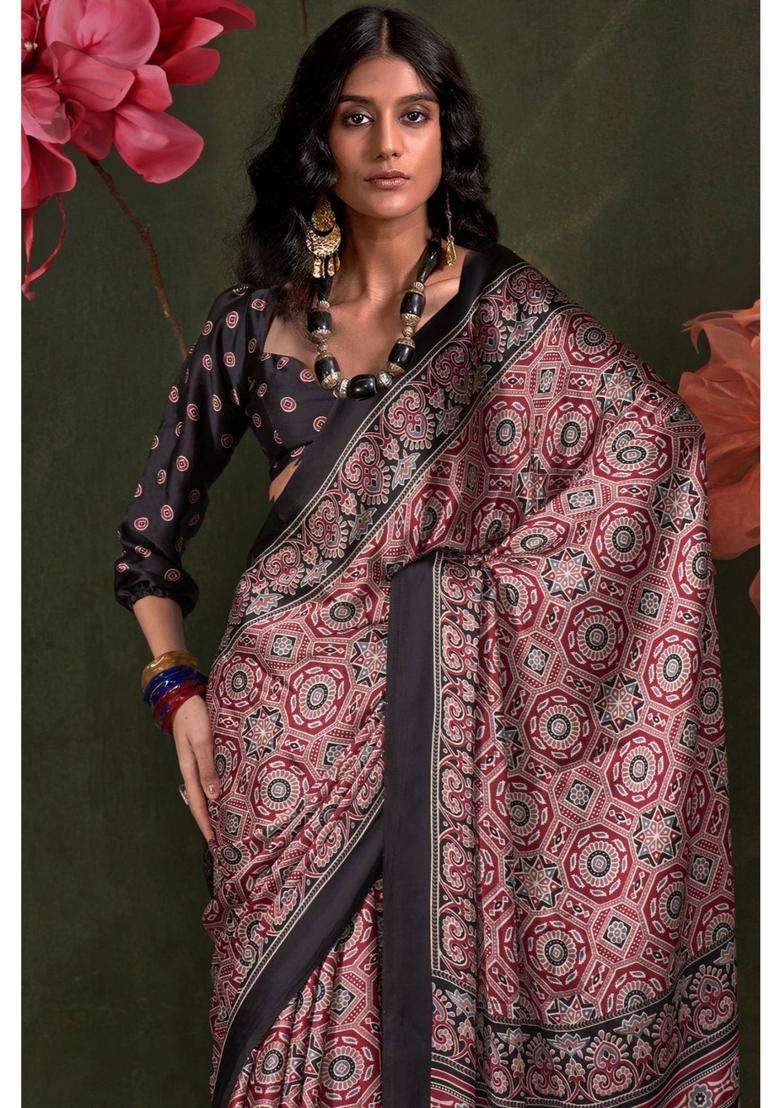 Maroon Satin Printed Saree with Unstitched Blouse for Women Festive Wear - Indya