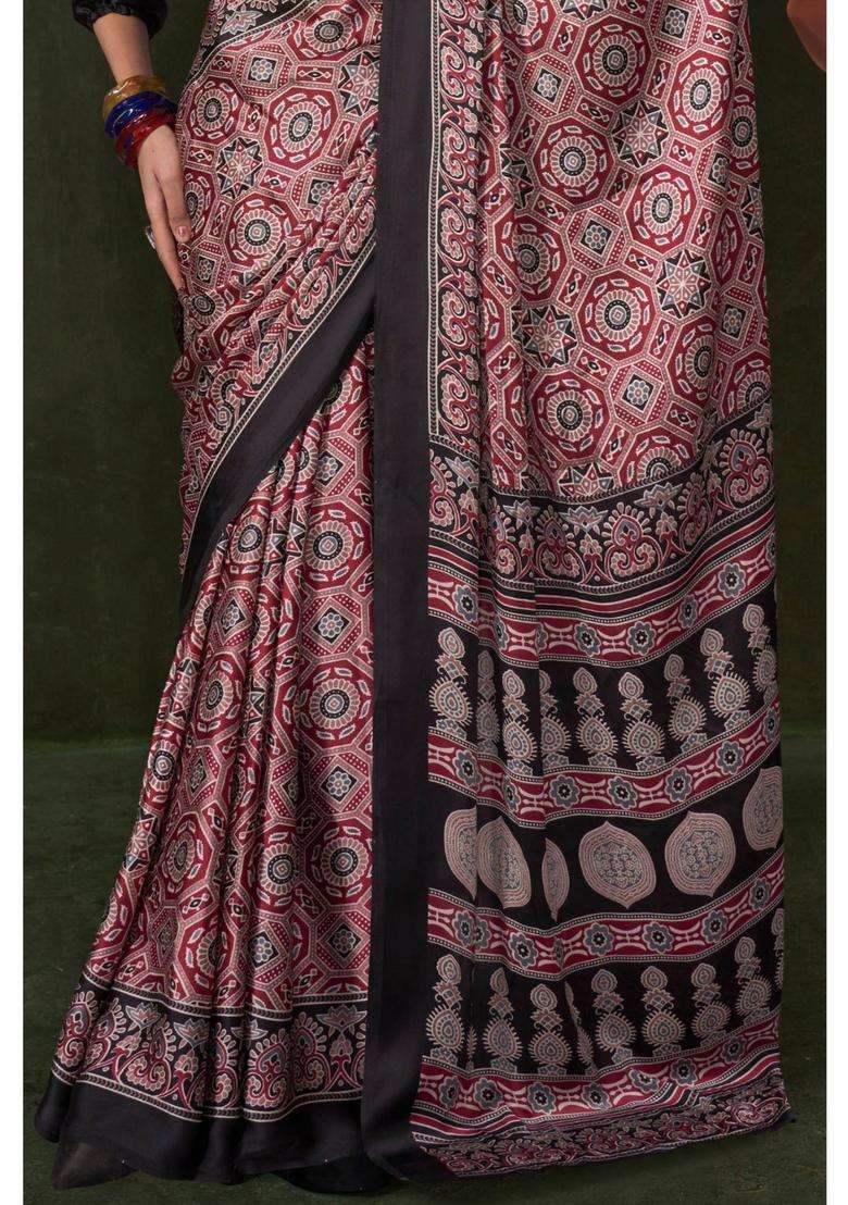 Maroon Satin Printed Saree with Unstitched Blouse for Women Festive Wear - Indya