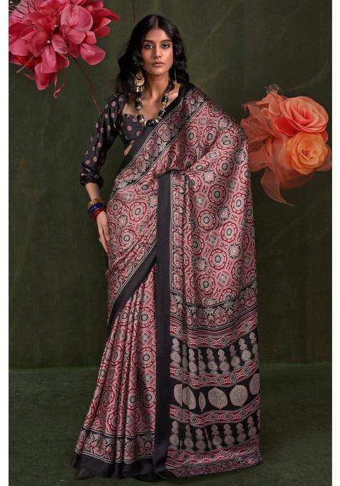 Maroon Satin Printed Saree with Unstitched Blouse for Women Festive Wear
