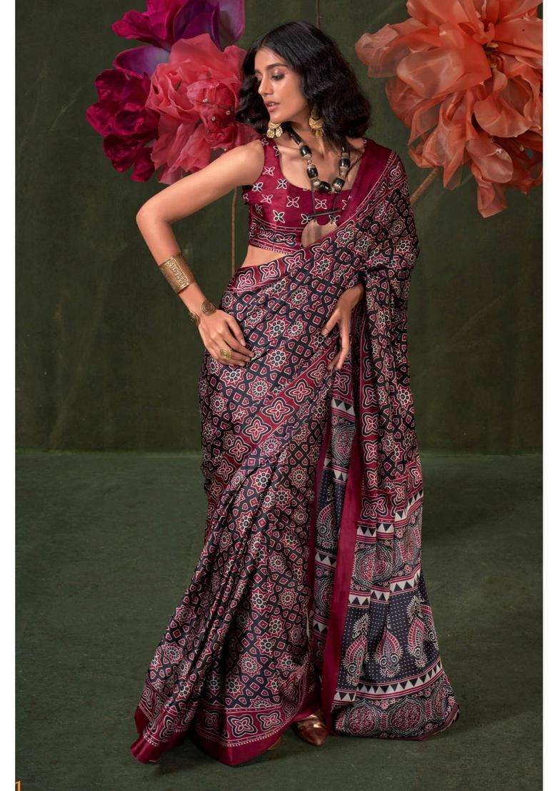 Purple Satin Printed Saree with Unstitched Blouse for Women Festive Wear - Indya