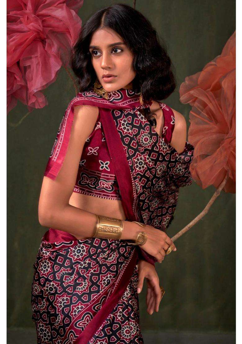 Purple Satin Printed Saree with Unstitched Blouse for Women Festive Wear - Indya