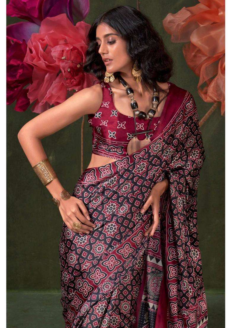 Purple Satin Printed Saree with Unstitched Blouse for Women Festive Wear - Indya