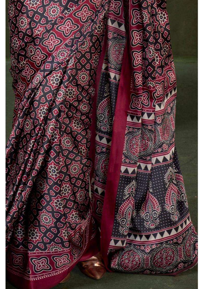 Purple Satin Printed Saree with Unstitched Blouse for Women Festive Wear - Indya
