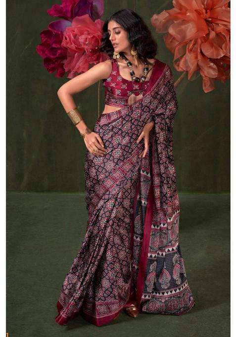 Purple Satin Printed Saree with Unstitched Blouse for Women Festive Wear