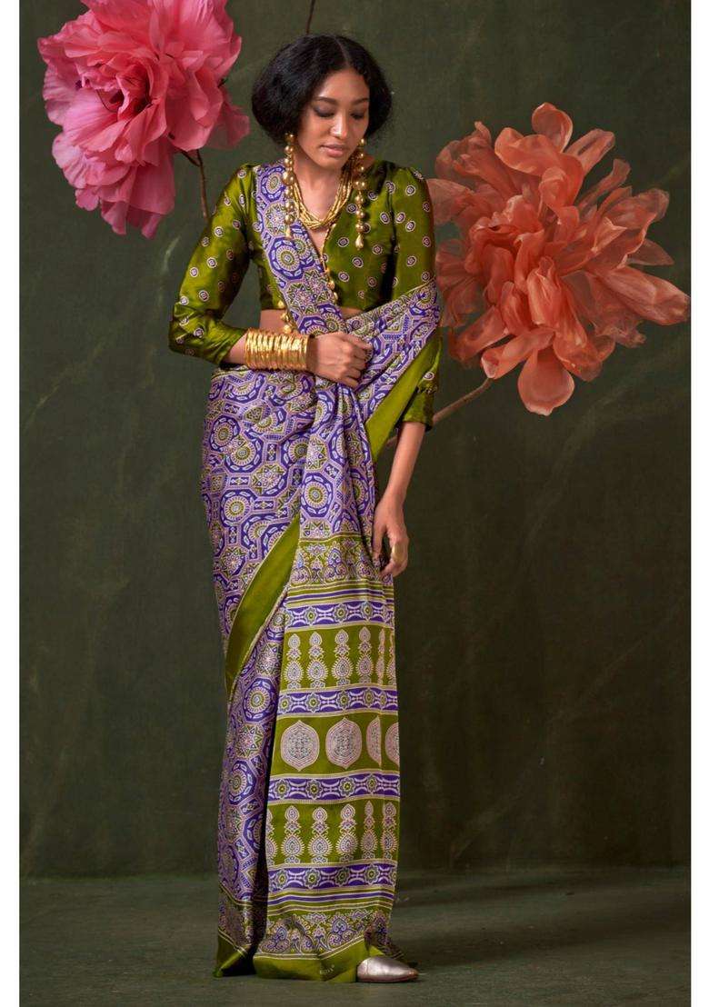 Purple Satin Printed Saree with Unstitched Blouse for Women Festive Wear - Indya