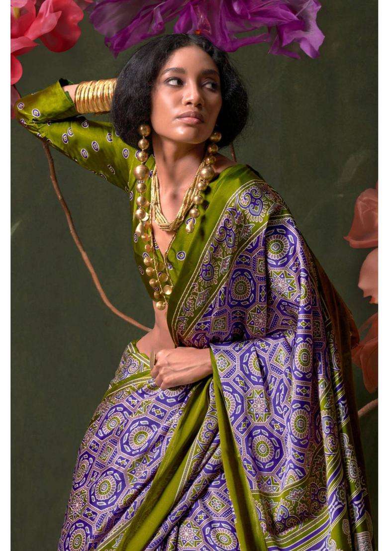Purple Satin Printed Saree with Unstitched Blouse for Women Festive Wear - Indya