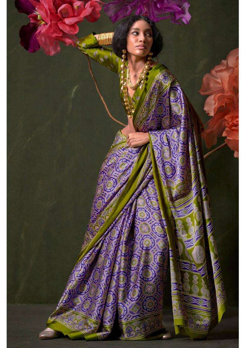 Purple Satin Printed Saree with Unstitched Blouse for Women Festive Wear - Indya