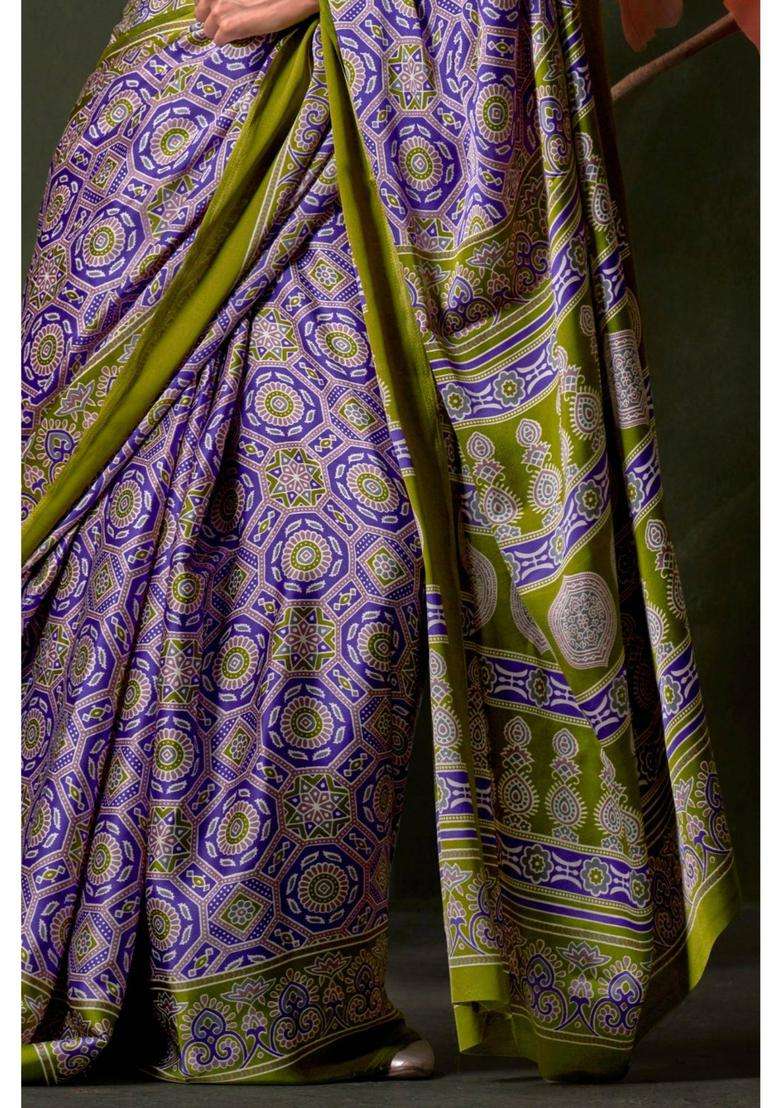 Purple Satin Printed Saree with Unstitched Blouse for Women Festive Wear - Indya