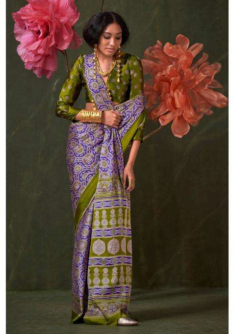 Purple Satin Printed Saree with Unstitched Blouse for Women Festive Wear