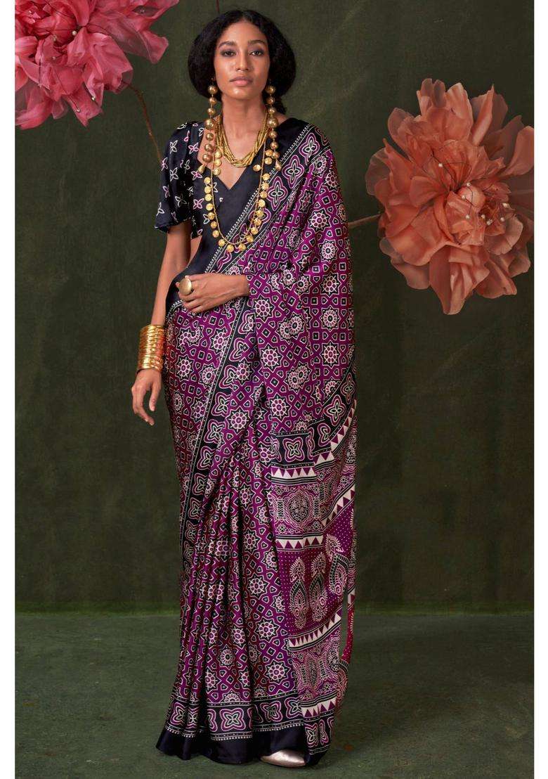 Purple Satin Printed Saree with Unstitched Blouse for Women Festive Wear - Indya