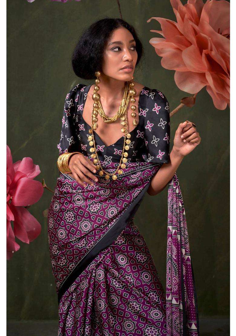 Purple Satin Printed Saree with Unstitched Blouse for Women Festive Wear - Indya