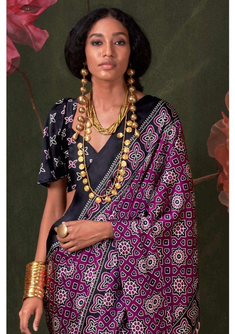 Purple Satin Printed Saree with Unstitched Blouse for Women Festive Wear - Indya