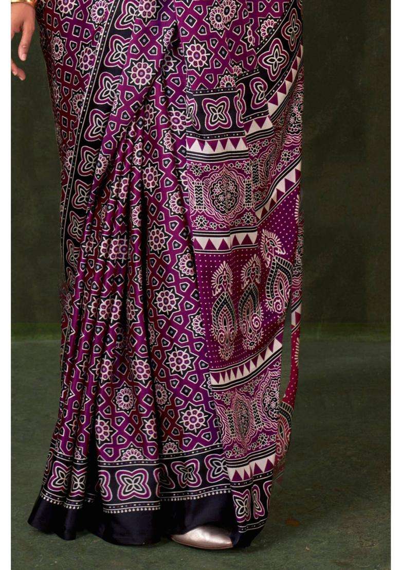 Purple Satin Printed Saree with Unstitched Blouse for Women Festive Wear - Indya