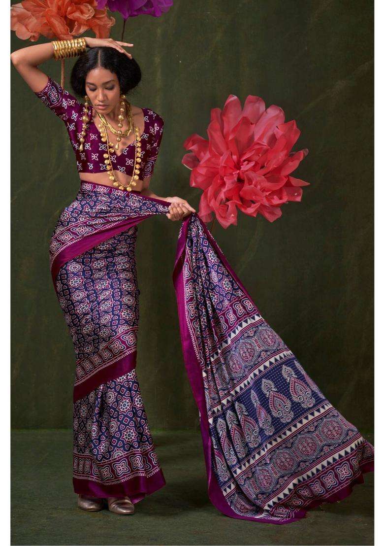 Purple Satin Printed Saree with Unstitched Blouse for Women Festive Wear - Indya