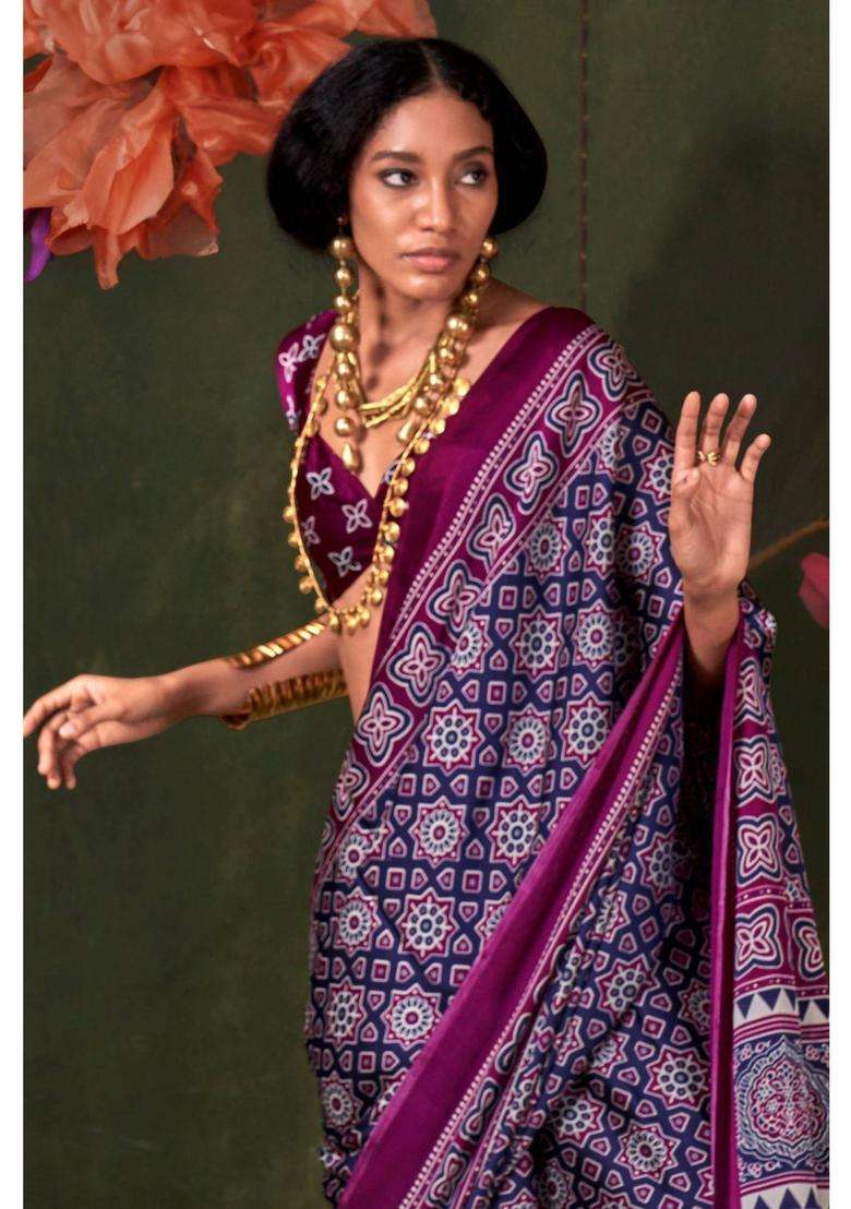 Purple Satin Printed Saree with Unstitched Blouse for Women Festive Wear - Indya