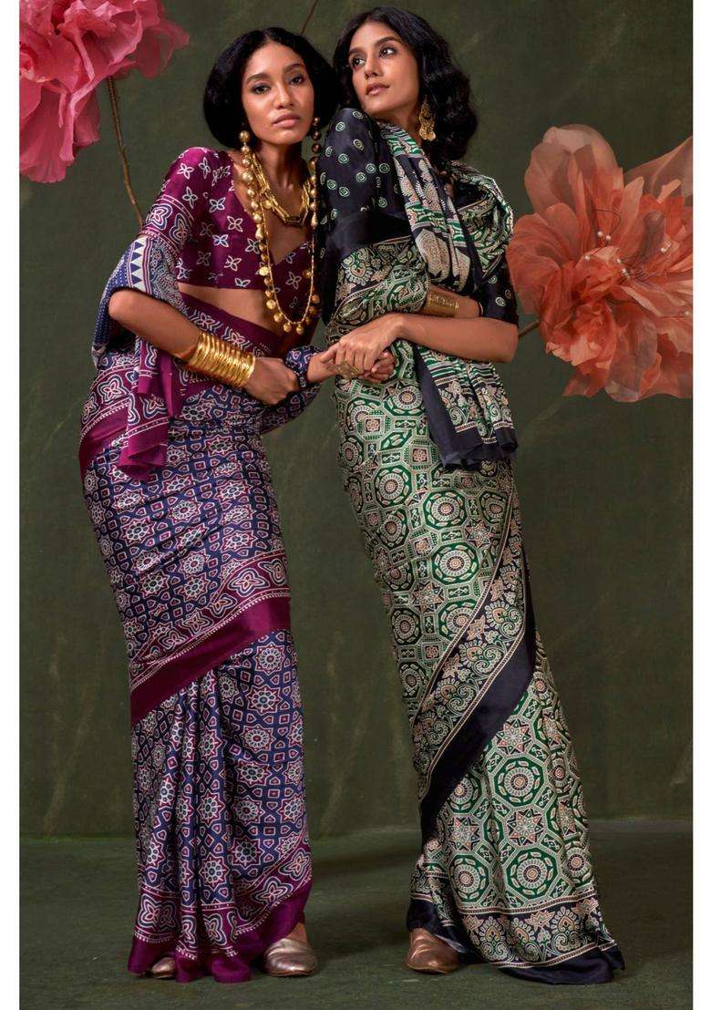 Purple Satin Printed Saree with Unstitched Blouse for Women Festive Wear - Indya