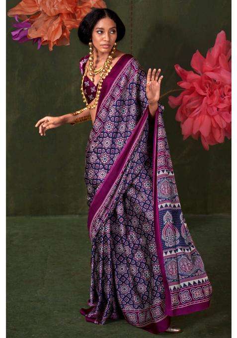 Purple Satin Printed Saree with Unstitched Blouse for Women Festive Wear