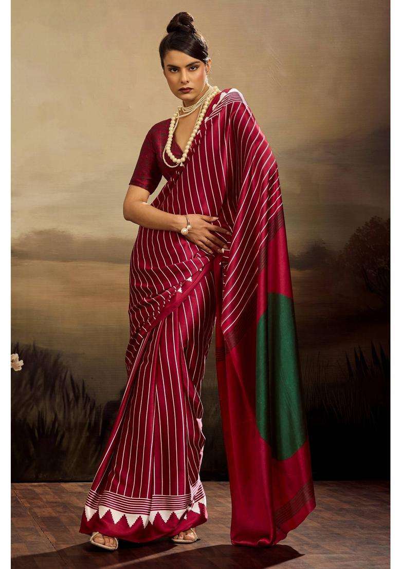 Purple Satin Stripes Saree with Unstitched Blouse for Women Casual Wear - Indya