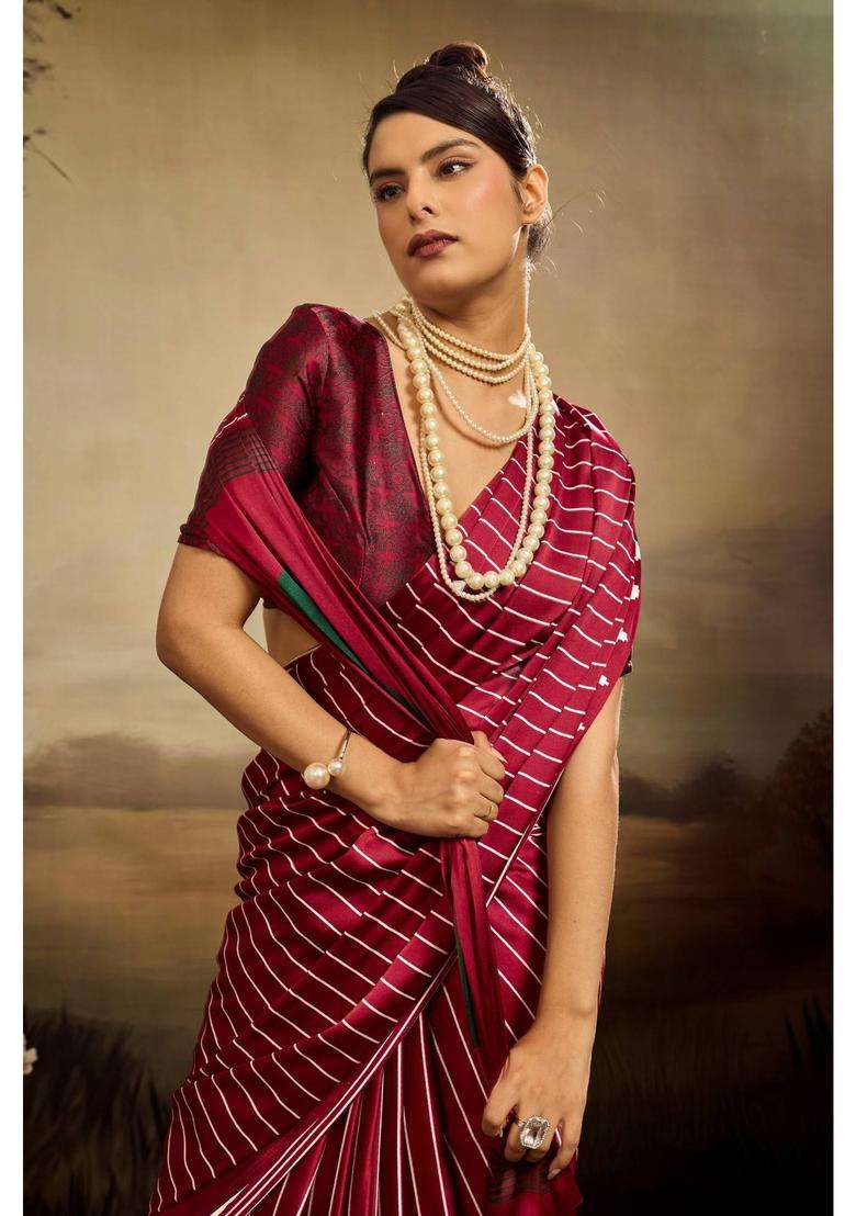 Purple Satin Stripes Saree with Unstitched Blouse for Women Casual Wear - Indya