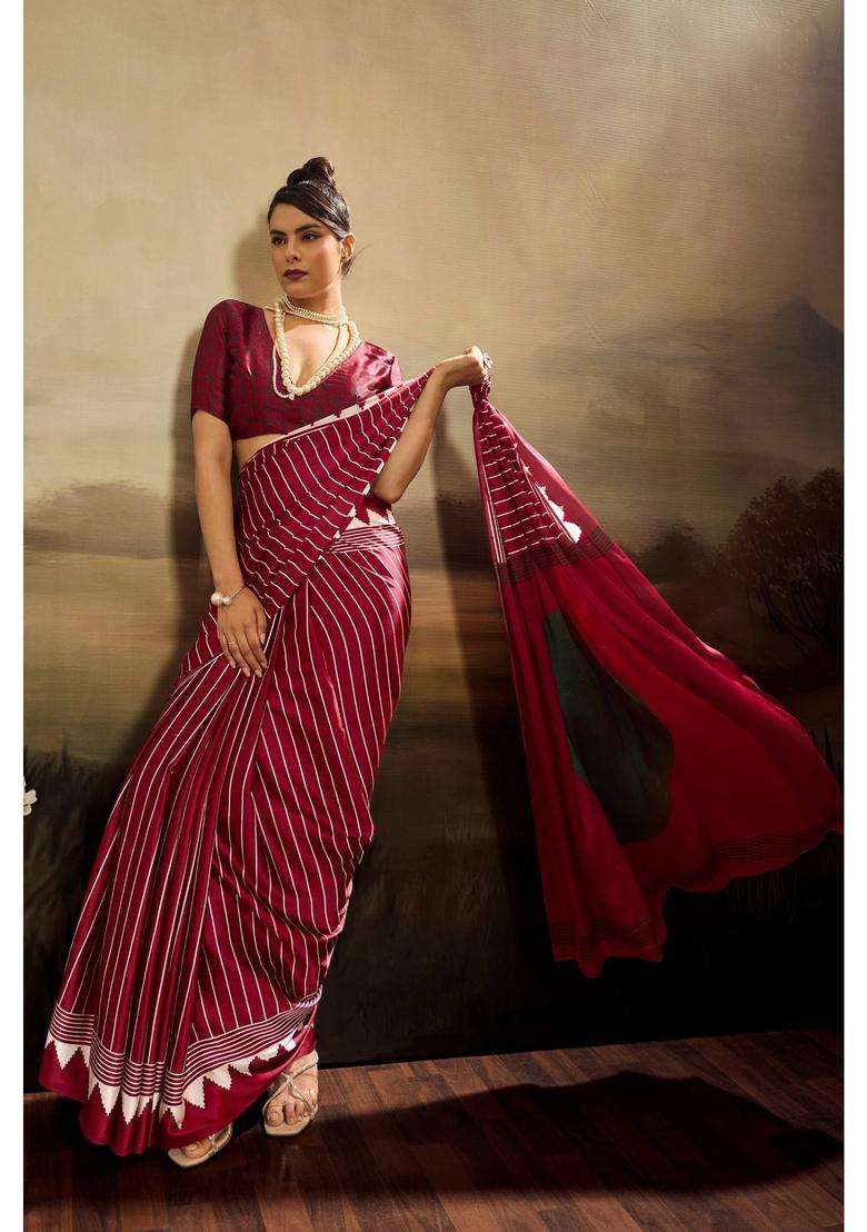Purple Satin Stripes Saree with Unstitched Blouse for Women Casual Wear - Indya