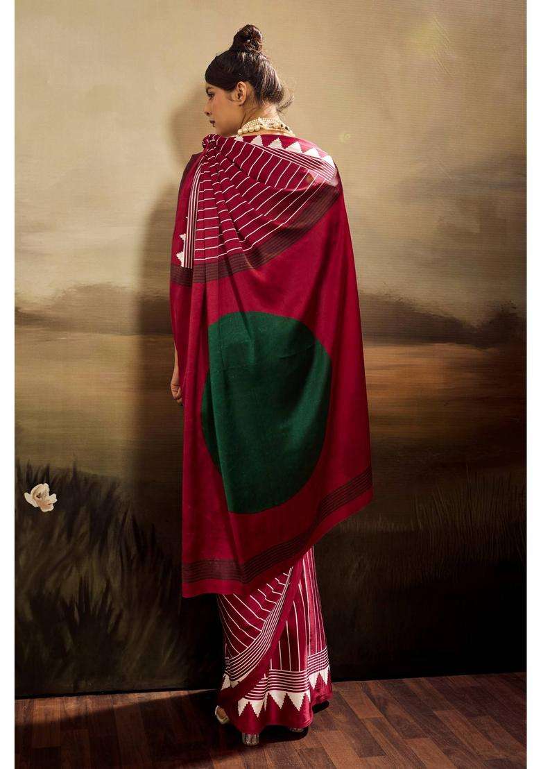 Purple Satin Stripes Saree with Unstitched Blouse for Women Casual Wear - Indya
