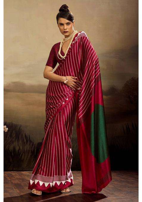 Purple Satin Stripes Saree with Unstitched Blouse for Women Casual Wear