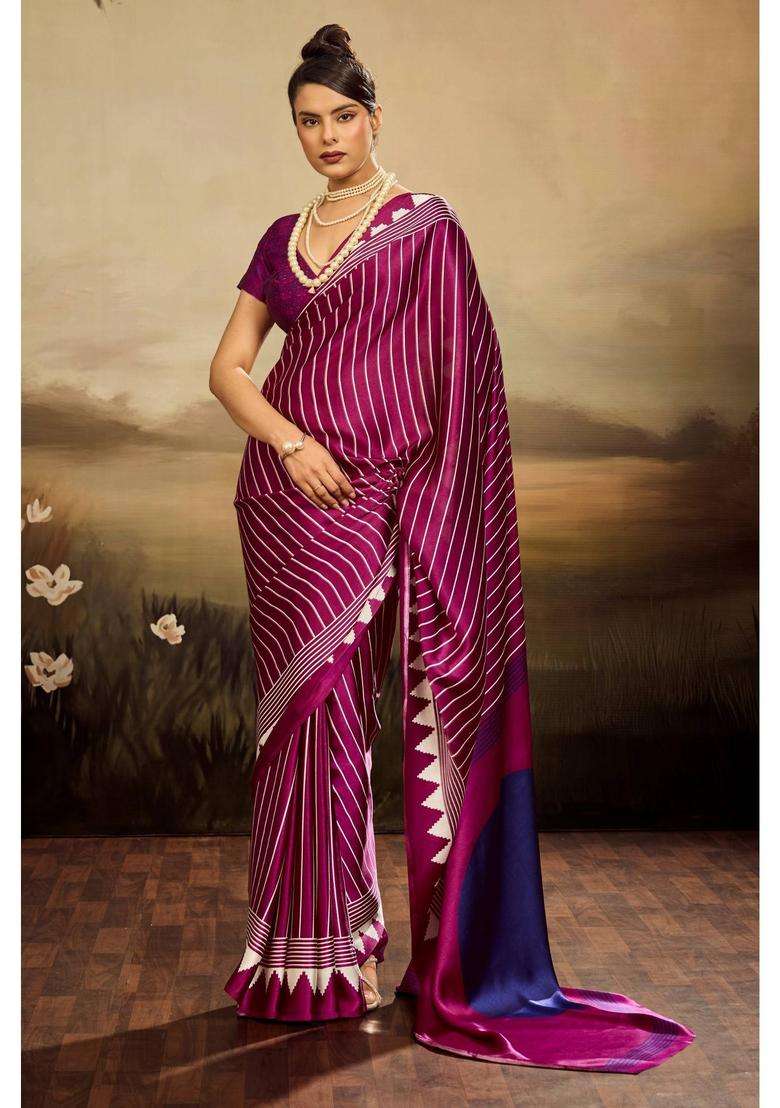 Purple Satin Stripes Saree with Unstitched Blouse for Women Casual Wear - Indya