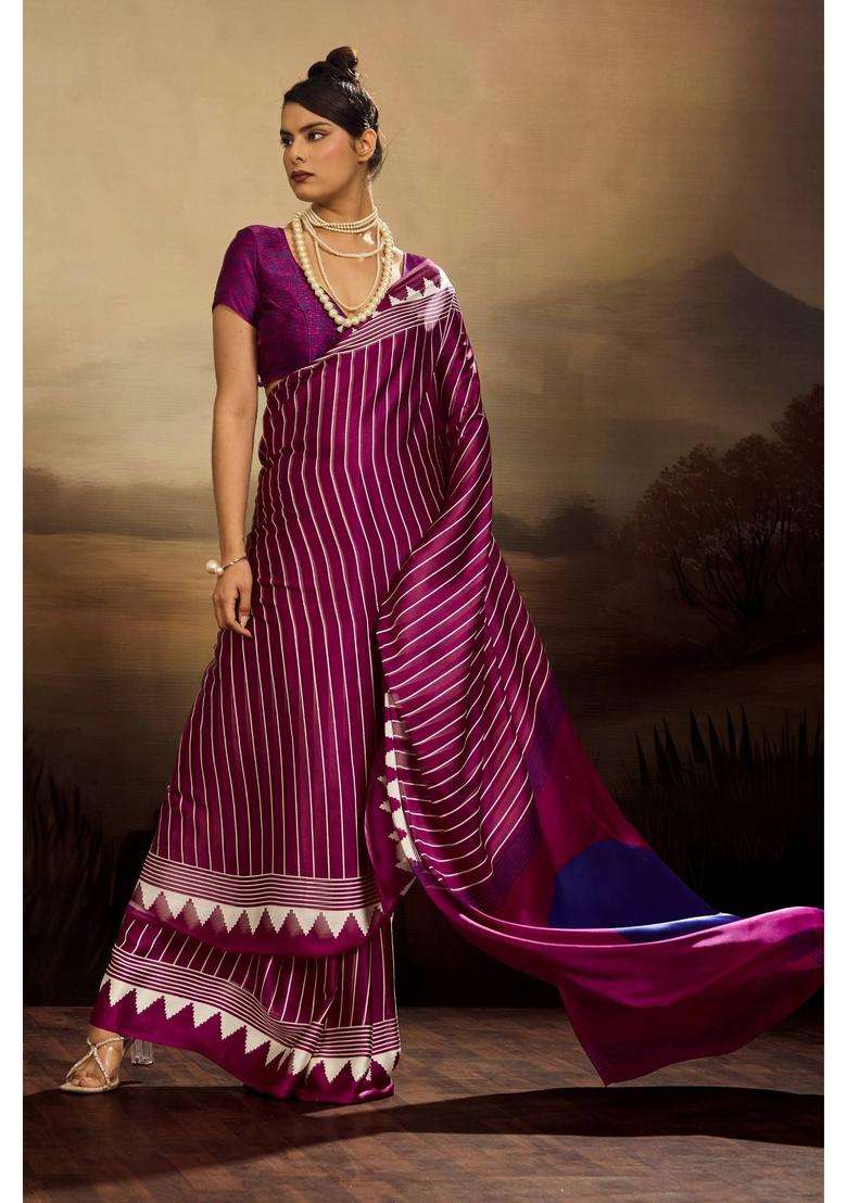 Purple Satin Stripes Saree with Unstitched Blouse for Women Casual Wear - Indya