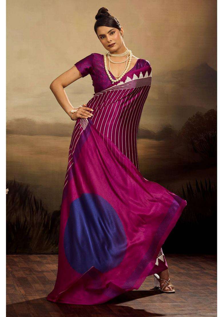 Purple Satin Stripes Saree with Unstitched Blouse for Women Casual Wear - Indya