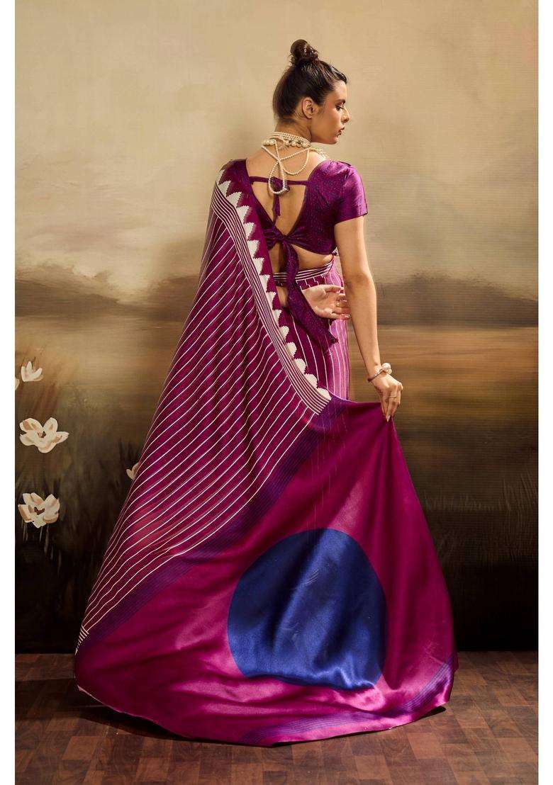 Purple Satin Stripes Saree with Unstitched Blouse for Women Casual Wear - Indya