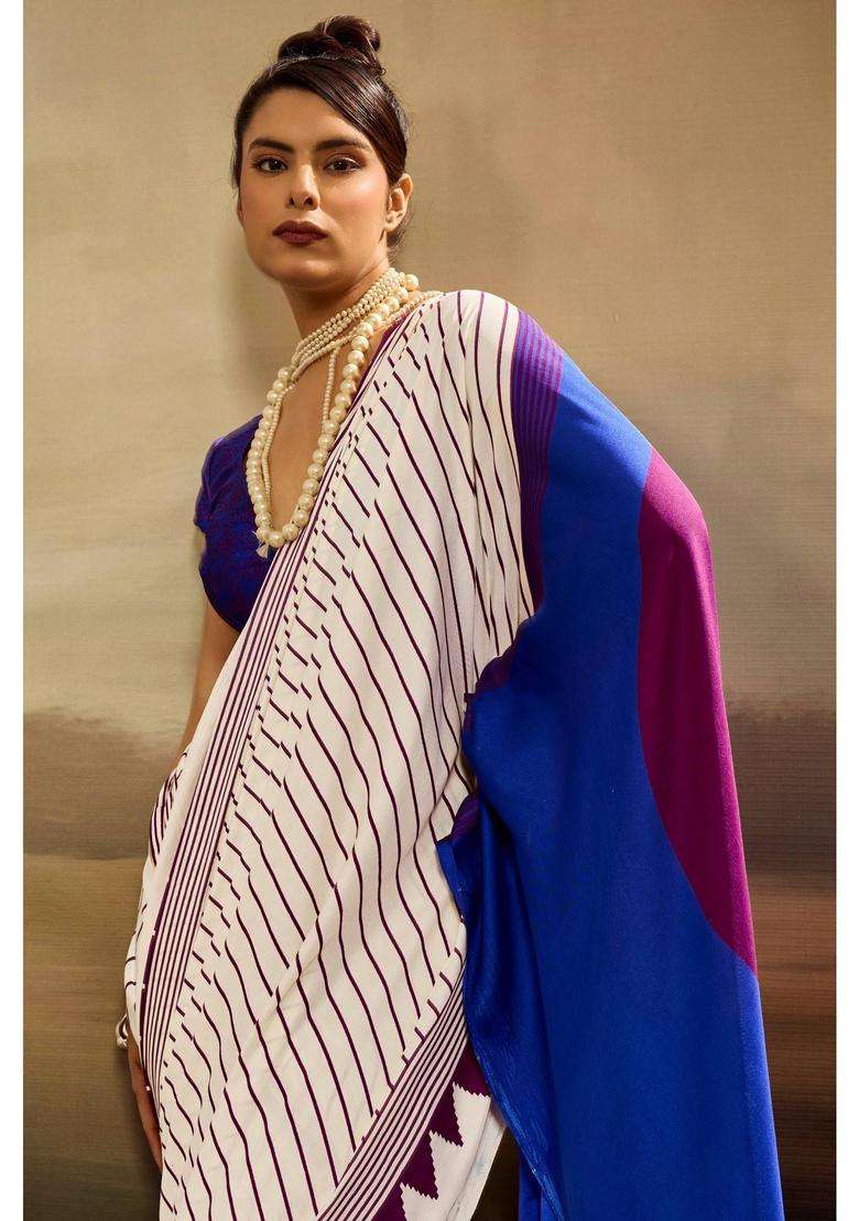 White Satin Stripes Saree with Unstitched Blouse for Women Casual Wear - Indya