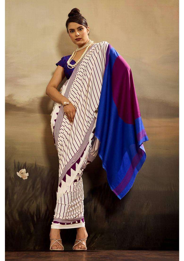 White Satin Stripes Saree with Unstitched Blouse for Women Casual Wear - Indya